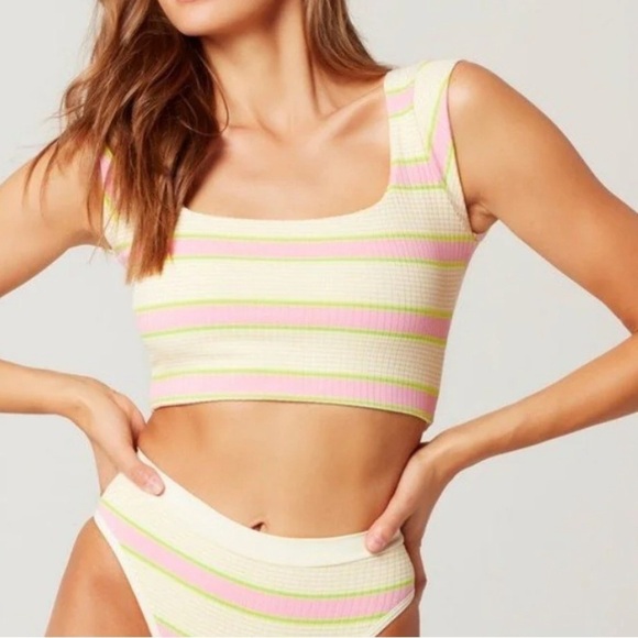 L Space NWT Prism Top by Monica Wise Swim Shirt New $119 Striped Pink - Picture 1 of 10